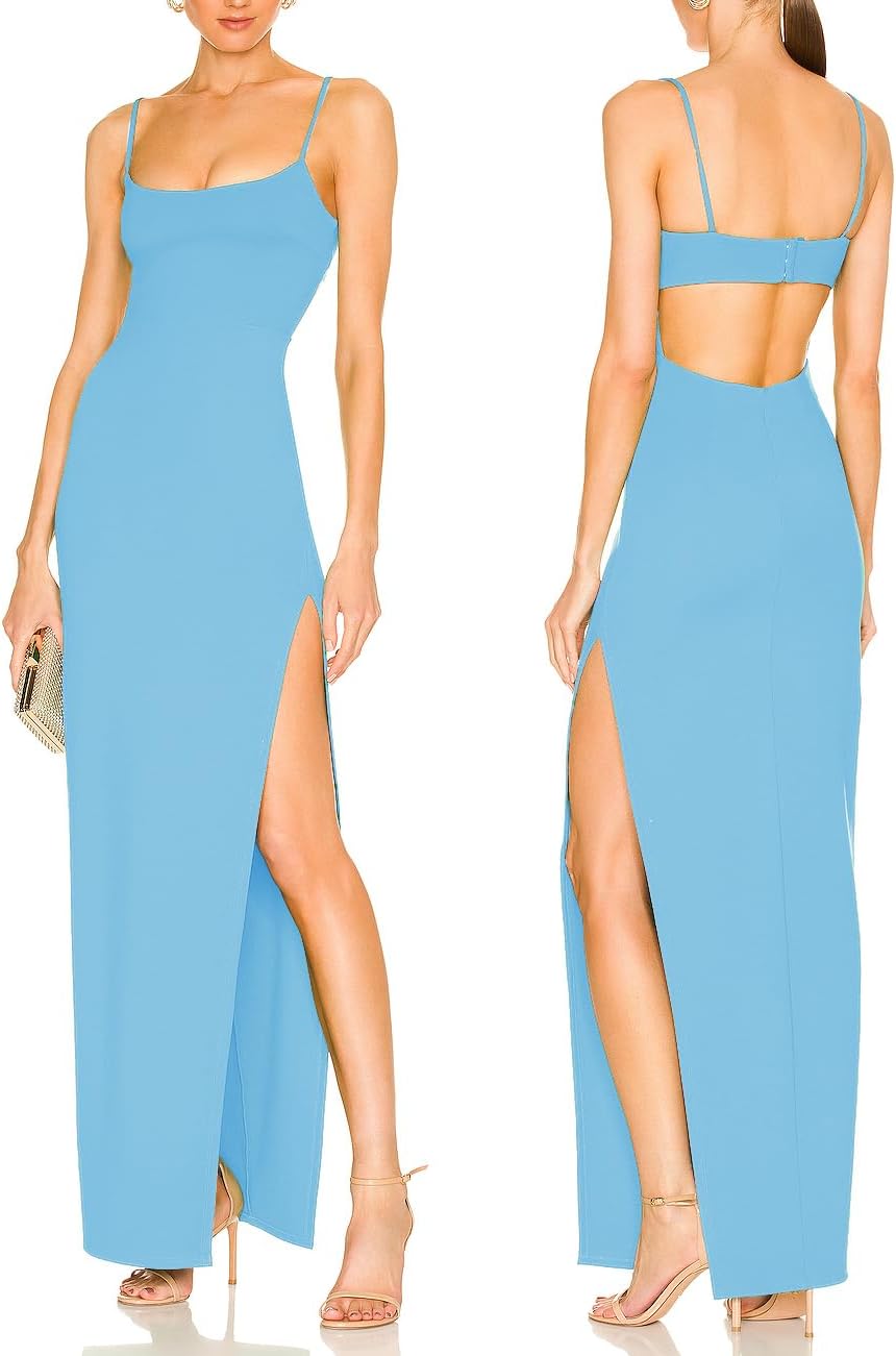 Women's Sexy Backless Spaghetti Straps Square Neck Maxi Dress Thigh High Slit Bodycon Cocktail Party Dress 211