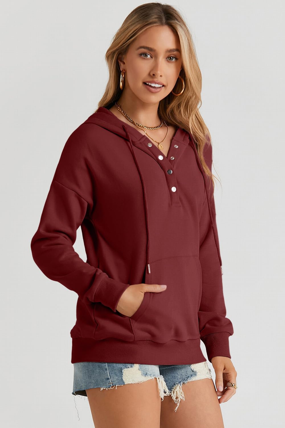 Womens 2025 Hoodies Button Collar Drawstring Hooded Pullover Sweatshirt Casual Long Sleeve Tops Shirts