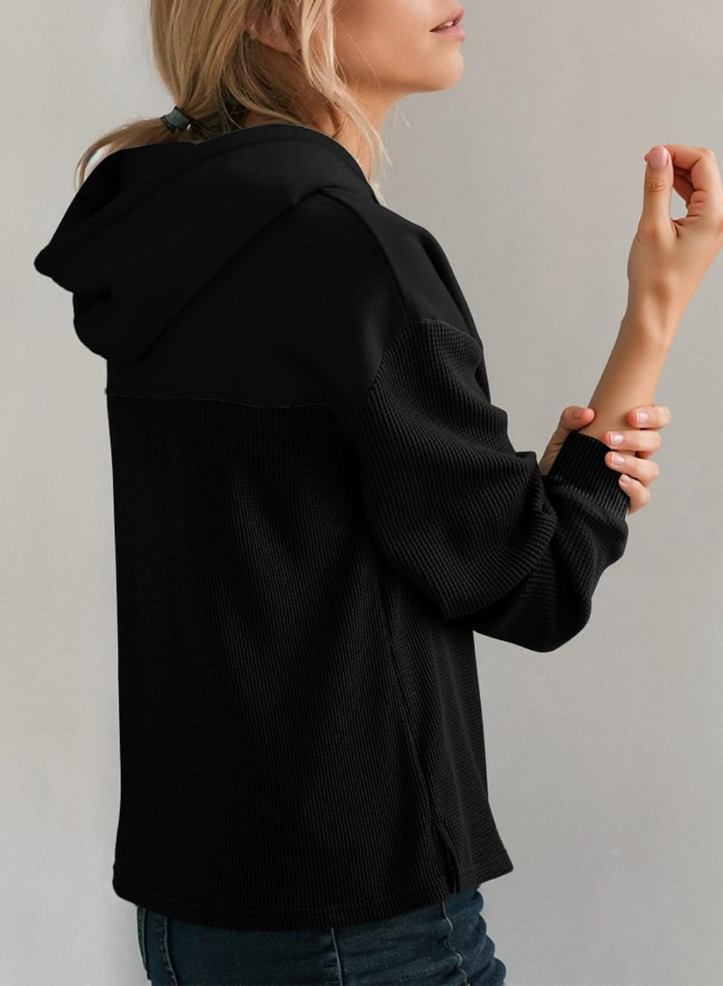 Womens Hoodies Casual Waffle Knit Long Sleeve Drawstring Pullover Sweatshirts Lightweight Hooded Tops