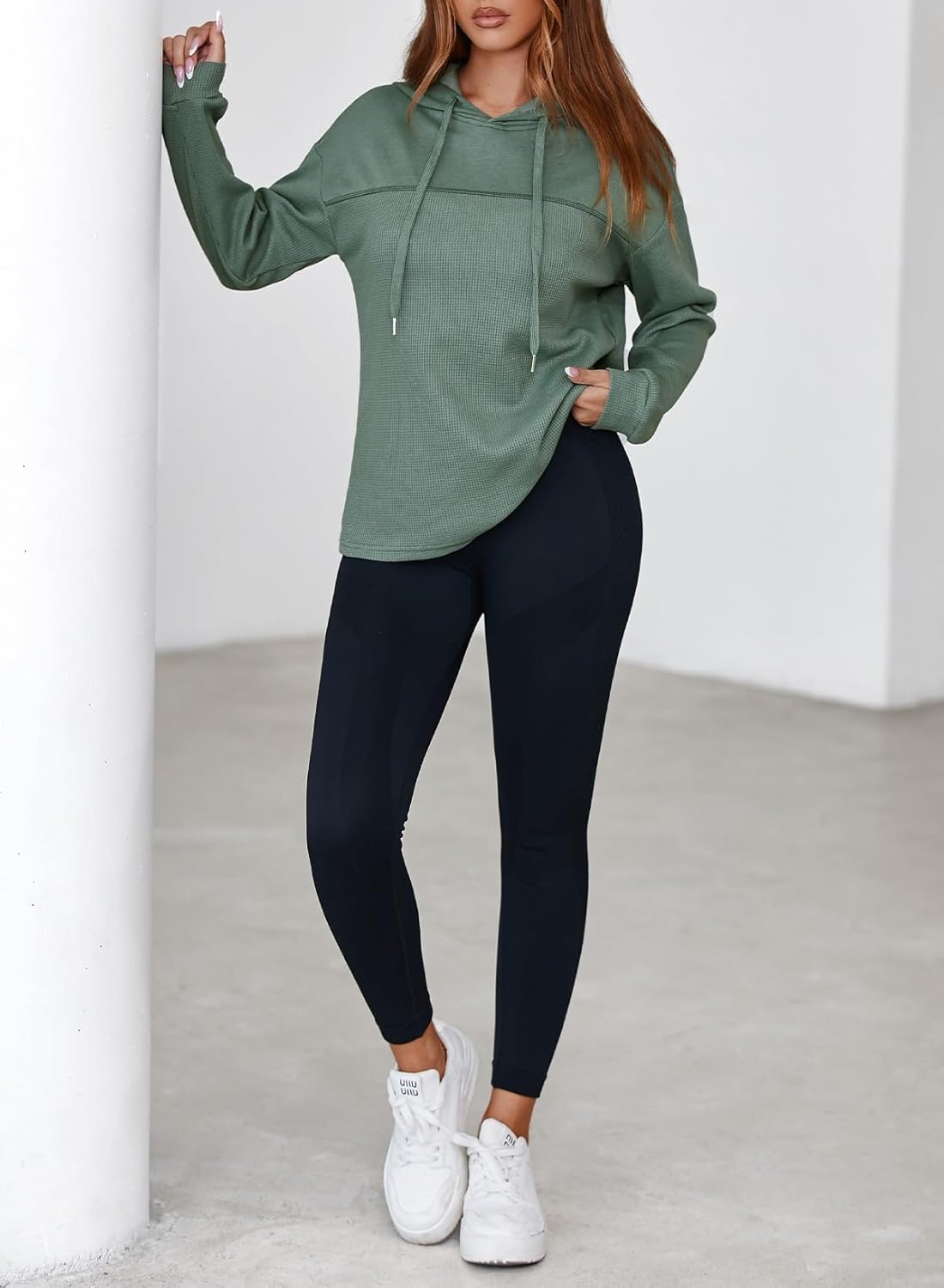 Womens Hoodies Casual Waffle Knit Long Sleeve Drawstring Pullover Sweatshirts Lightweight Hooded Tops