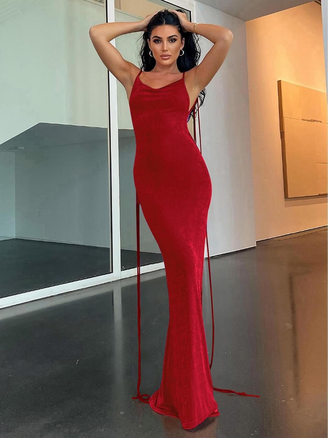 Slip Bodycon Dresses for Women Spaghetti Strap Lace Up Backless Cowl Neck Maxi Mermaid Cocktail Party Dress