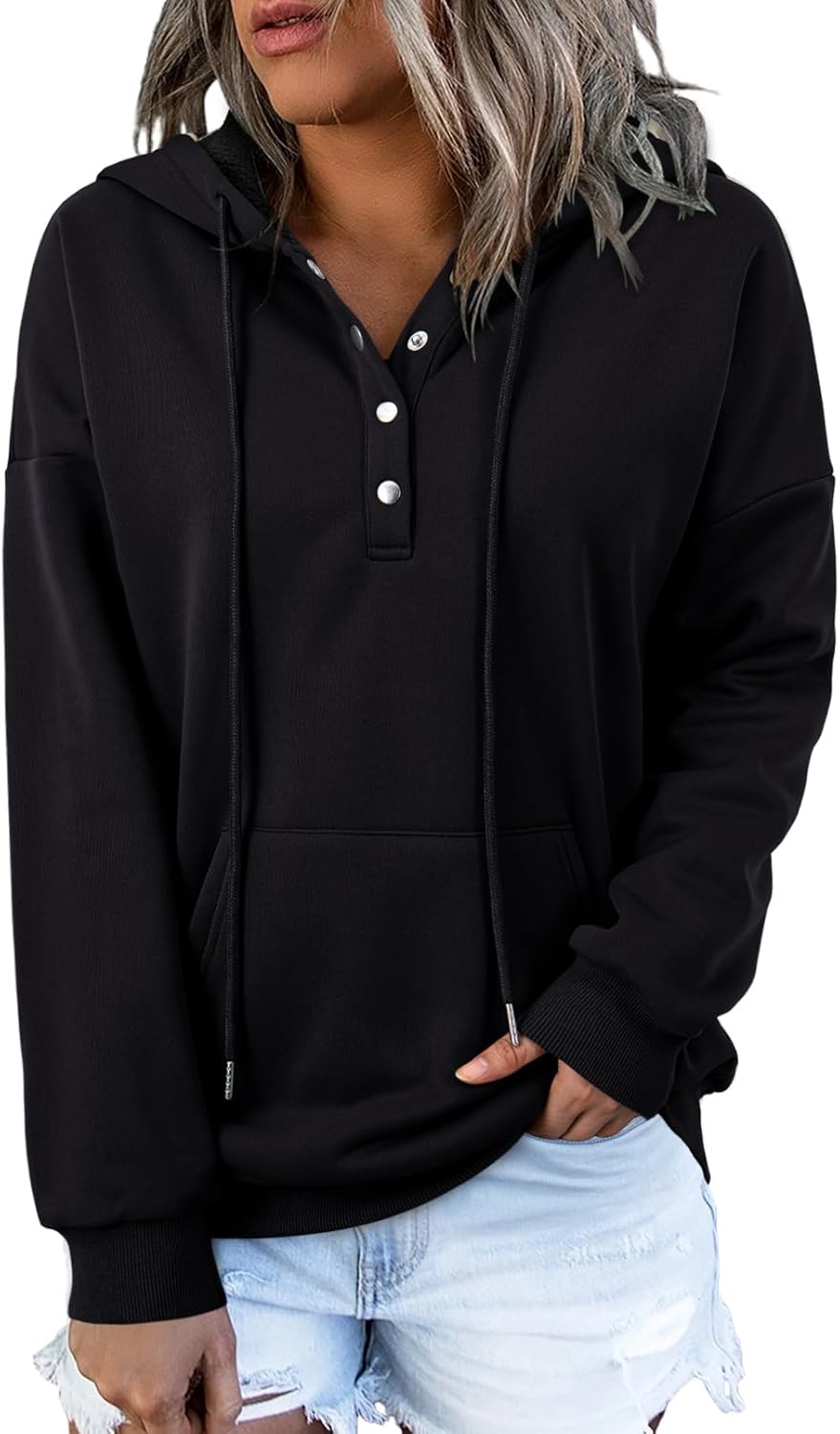 Womens 2025 Hoodies Button Collar Drawstring Hooded Pullover Sweatshirt Casual Long Sleeve Tops Shirts