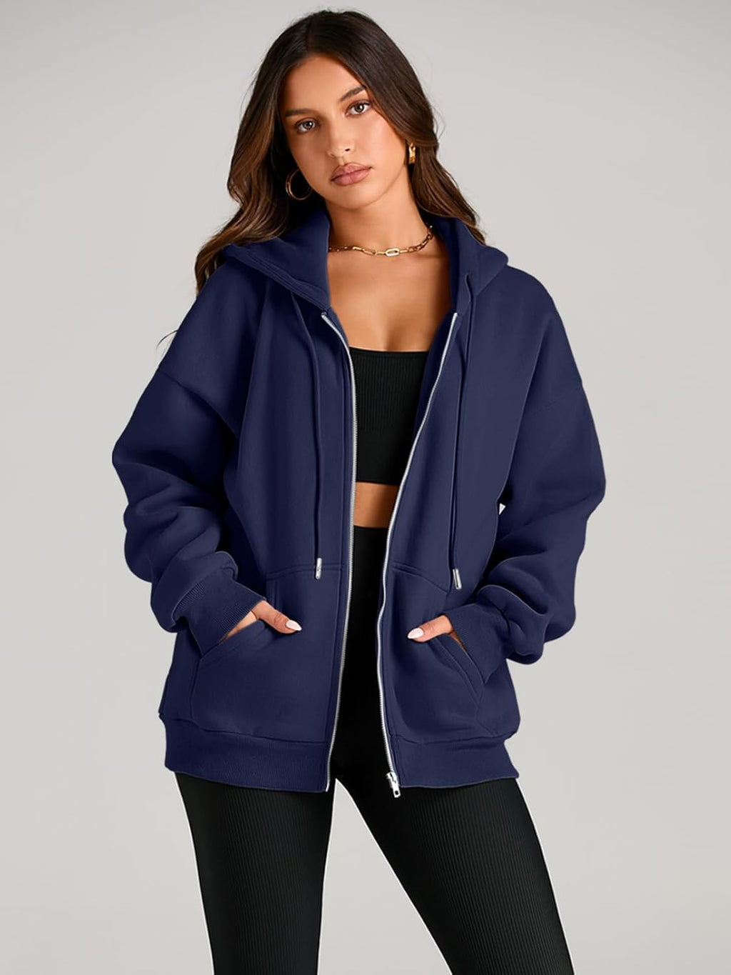 Women's Drawstring Zip Up Cute Hoodies Fall Jacket Oversized Casual Sweatshirts with Pocket