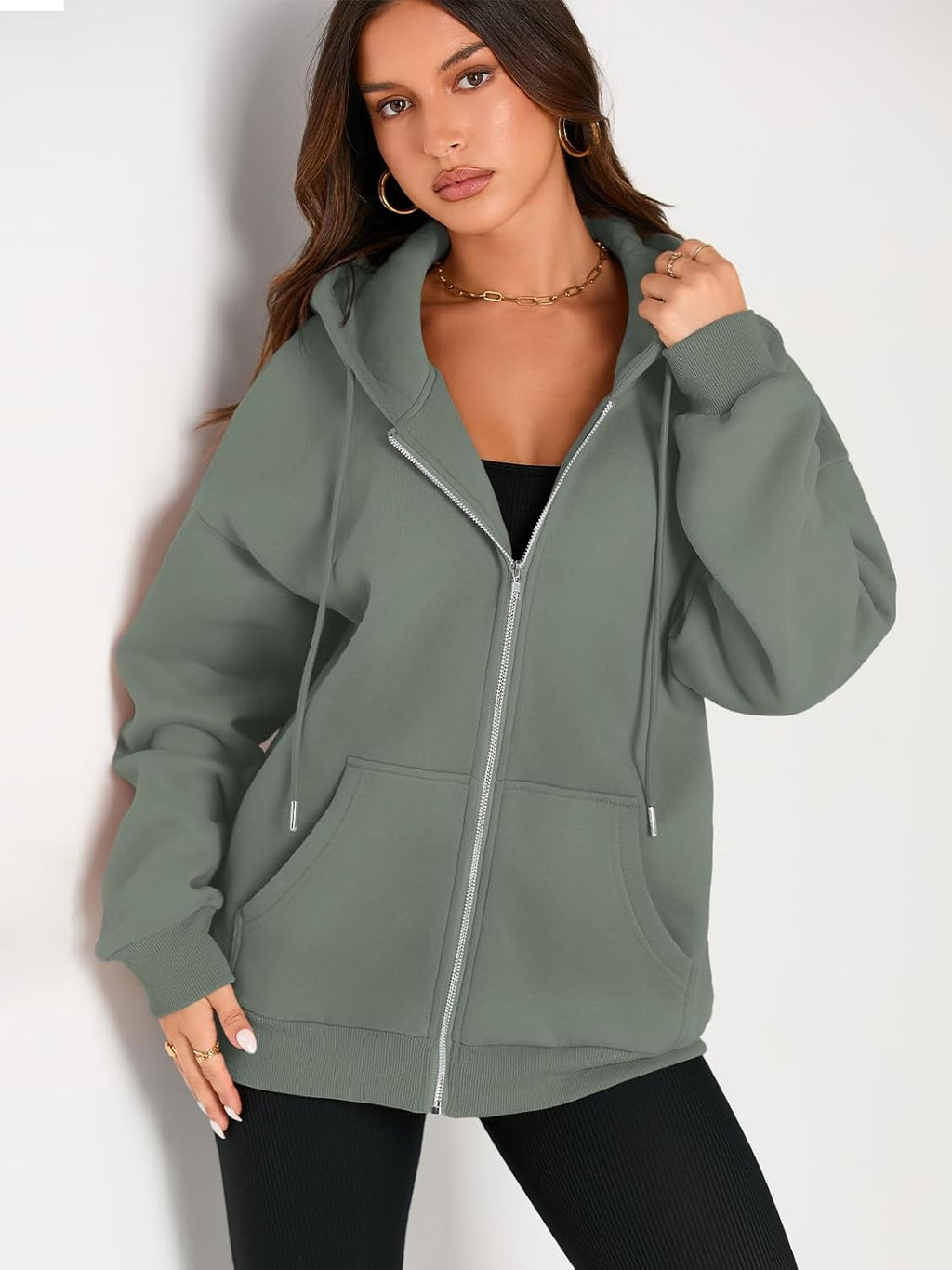 Women's Drawstring Zip Up Cute Hoodies Fall Jacket Oversized Casual Sweatshirts with Pocket
