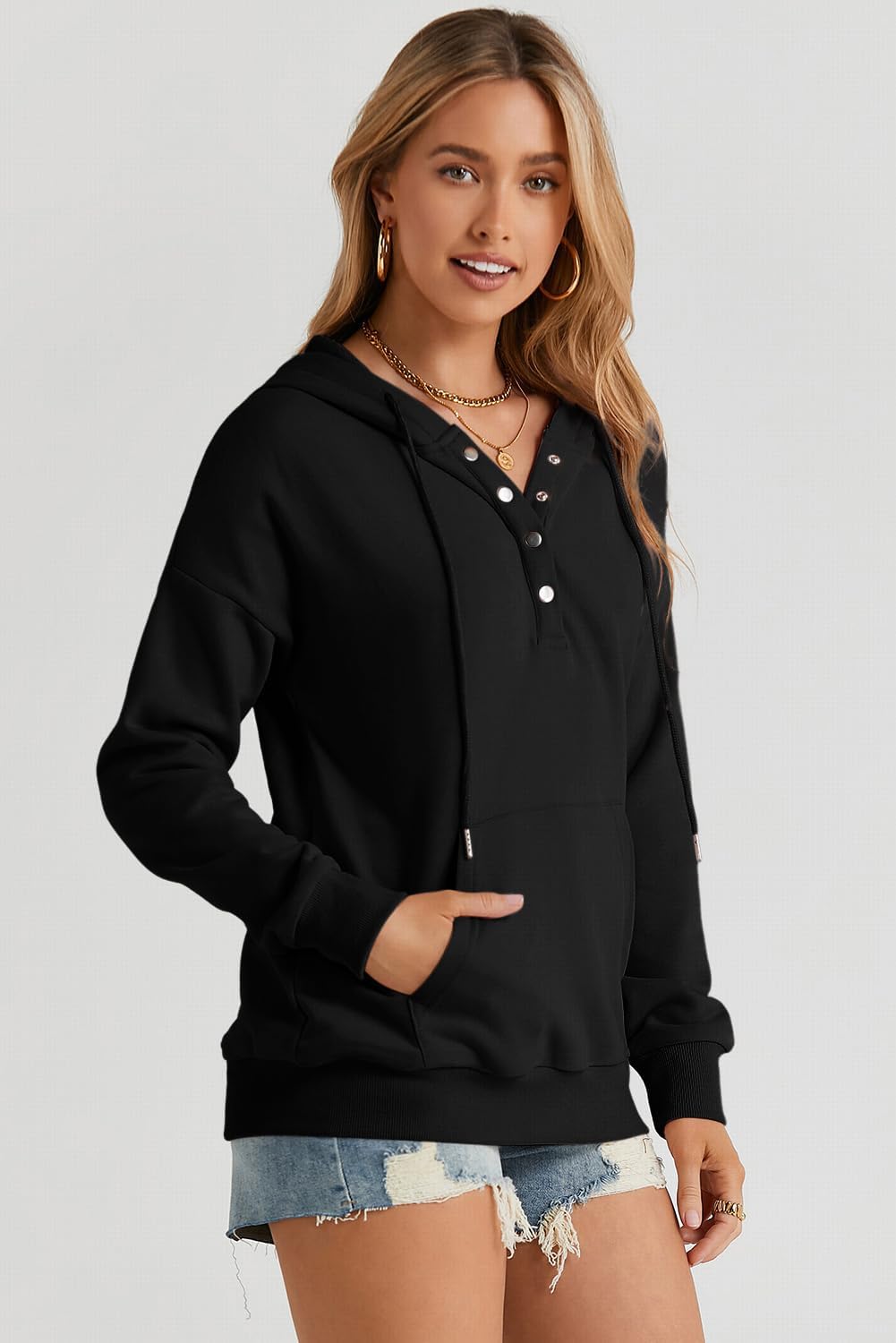 Womens 2025 Hoodies Button Collar Drawstring Hooded Pullover Sweatshirt Casual Long Sleeve Tops Shirts