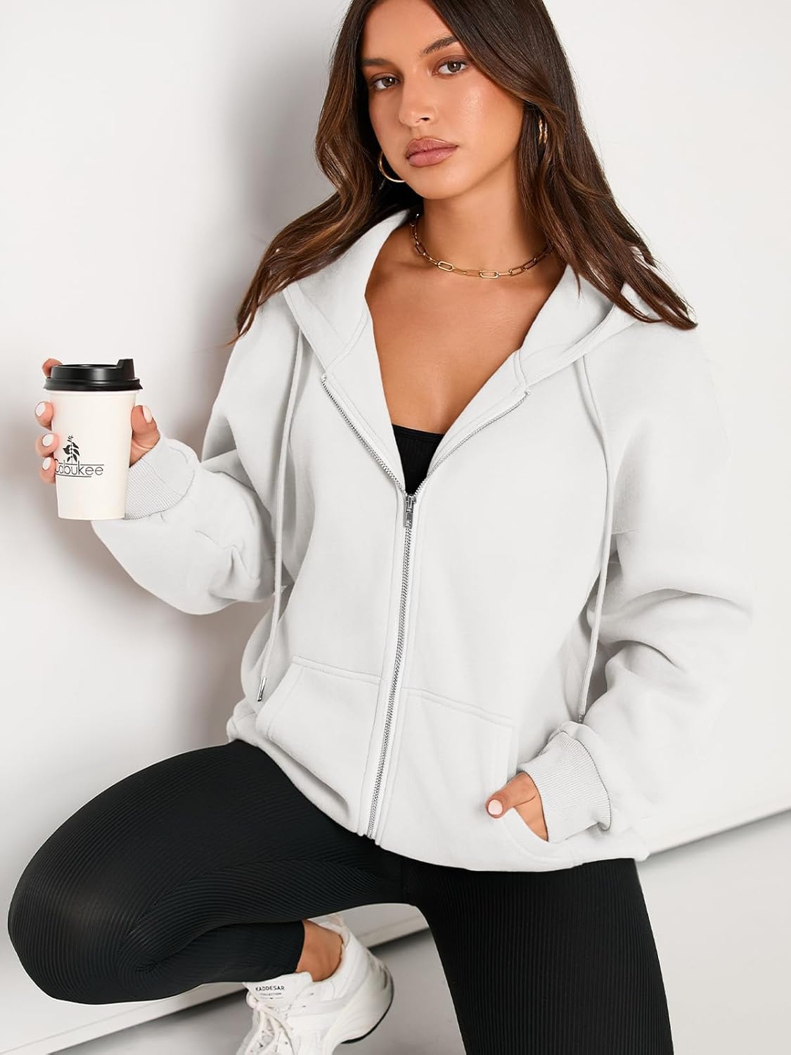 Women's Drawstring Zip Up Cute Hoodies Fall Jacket Oversized Casual Sweatshirts with Pocket