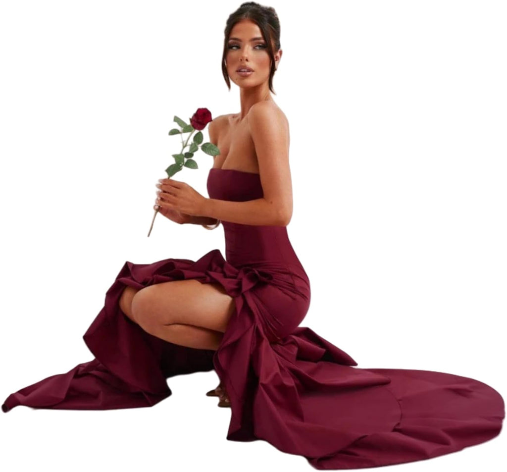 Women's Sexy Strapless Backless High Split Long Maxi Dress Ruched Off Shoulder Sleeveless Bodycon Party Cocktail Dresses