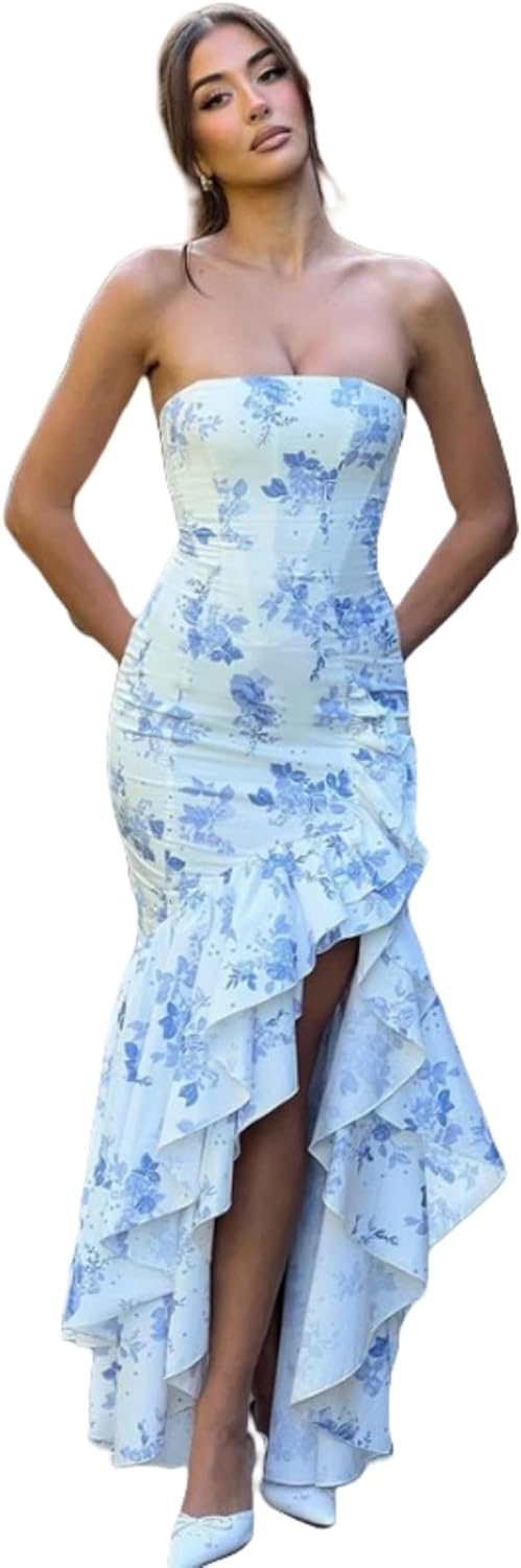 Women's Sexy Strapless Backless High Split Long Maxi Dress Ruched Off Shoulder Sleeveless Bodycon Party Cocktail Dresses