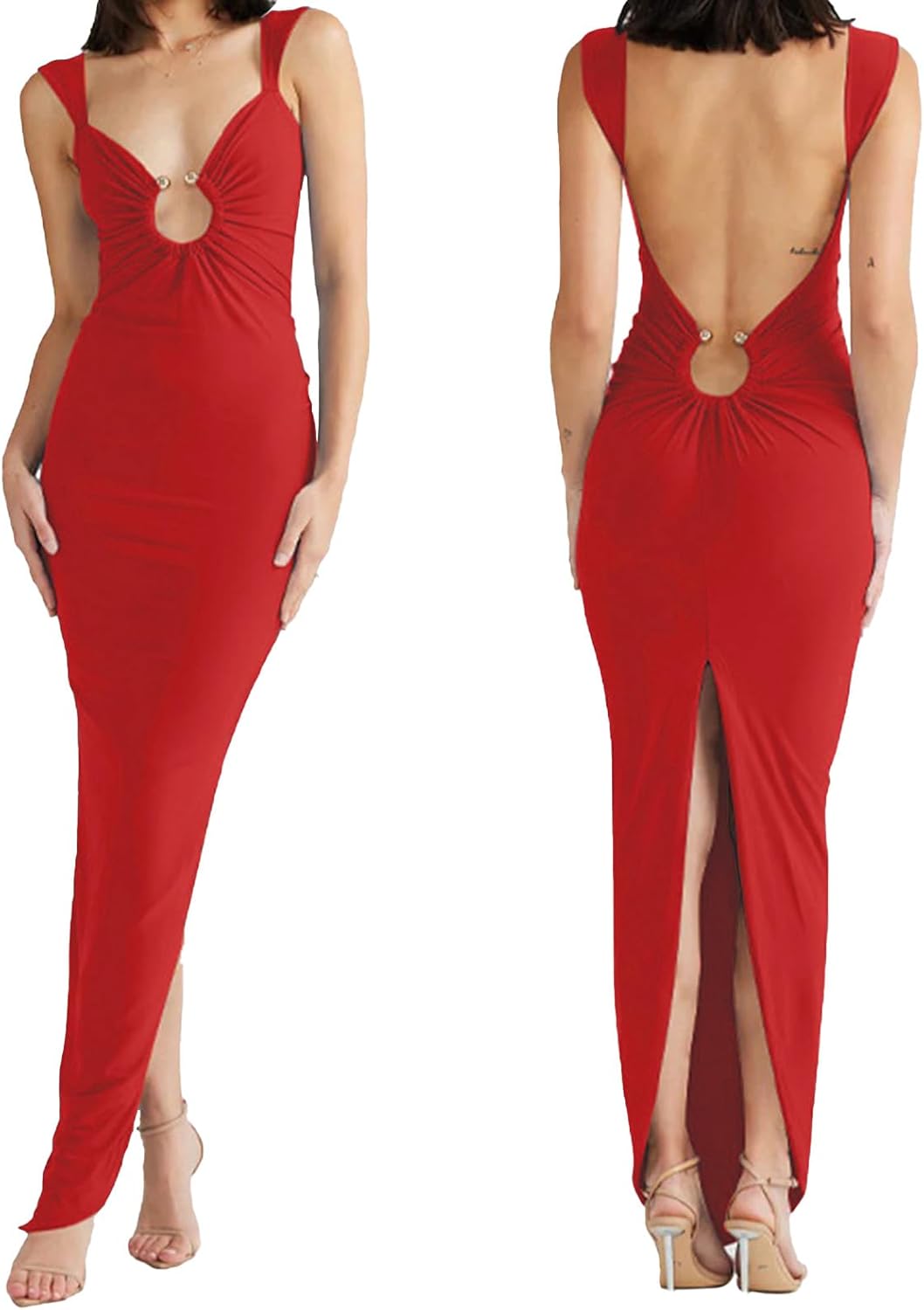 Sexy Backless Dresses for Women Cut Out Bodycon Maxi Dress Open Back Smocked High Slit Party Long Cocktail Dresses