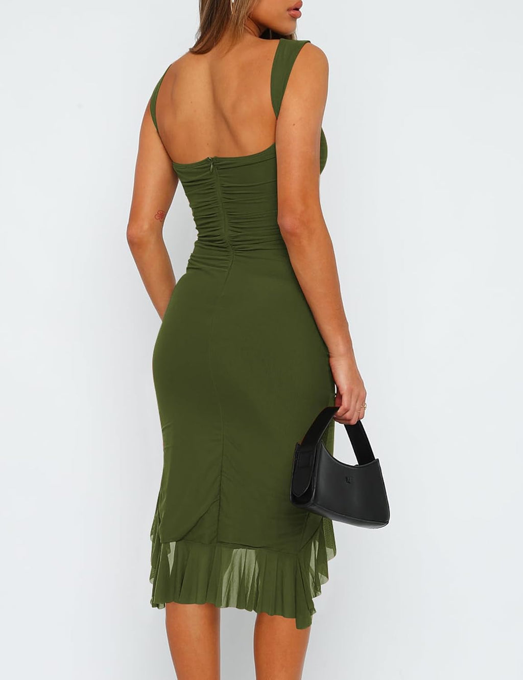 Women's Sexy Ruched Bodycon Midi Dresses Elegant Sleeveless Backless Ruffle Hem Cocktail Party Tank Dress