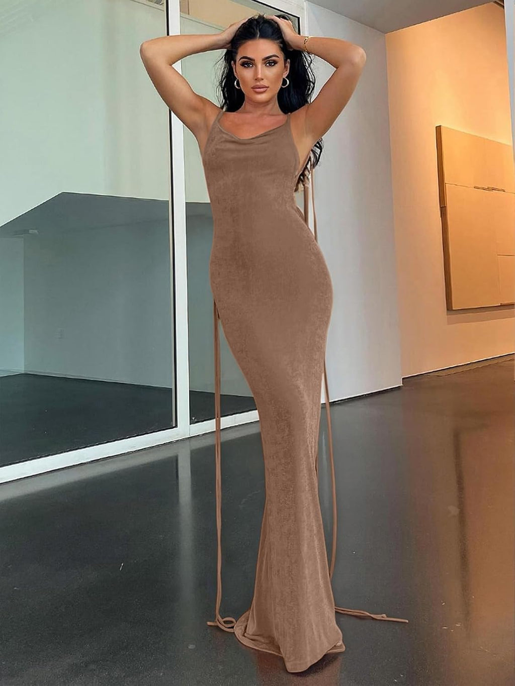 Slip Bodycon Dresses for Women Spaghetti Strap Lace Up Backless Cowl Neck Maxi Mermaid Cocktail Party Dress