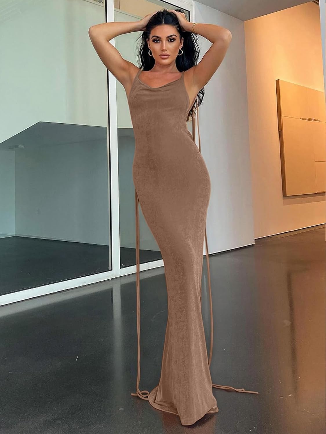 Slip Bodycon Dresses for Women Spaghetti Strap Lace Up Backless Cowl Neck Maxi Mermaid Cocktail Party Dress