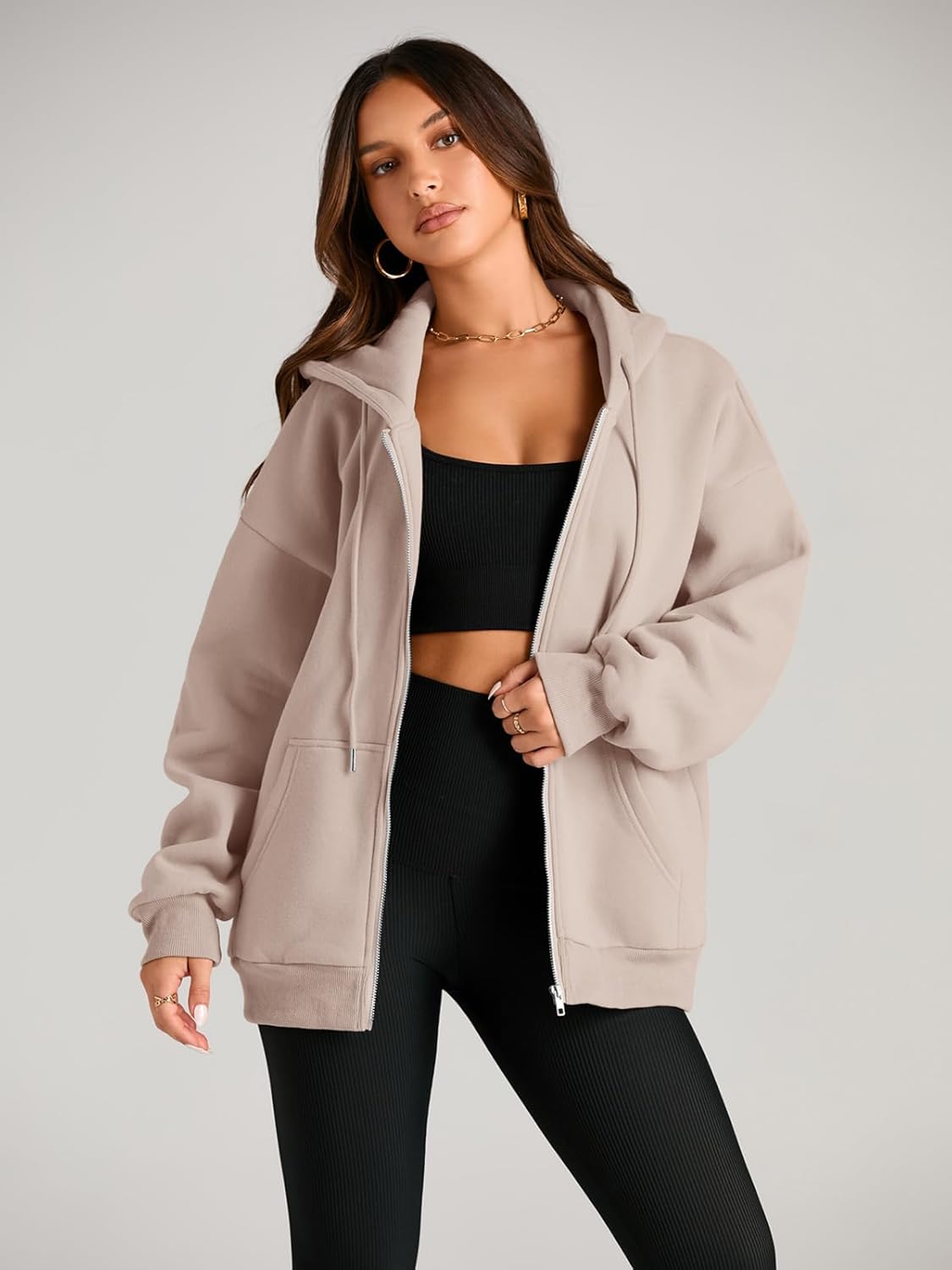 Women's Drawstring Zip Up Cute Hoodies Fall Jacket Oversized Casual Sweatshirts with Pocket