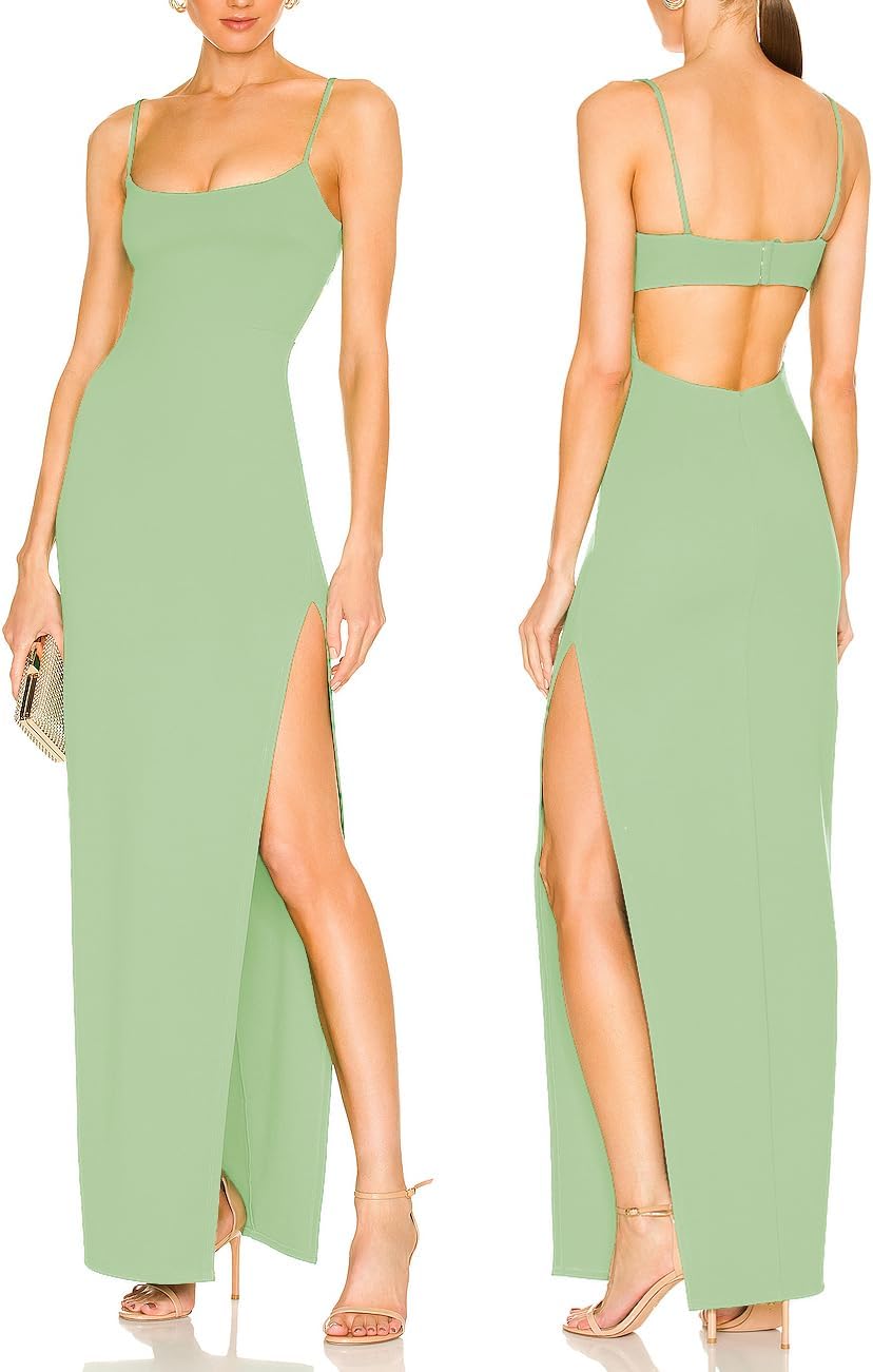 Women's Sexy Backless Spaghetti Straps Square Neck Maxi Dress Thigh High Slit Bodycon Cocktail Party Dress 211