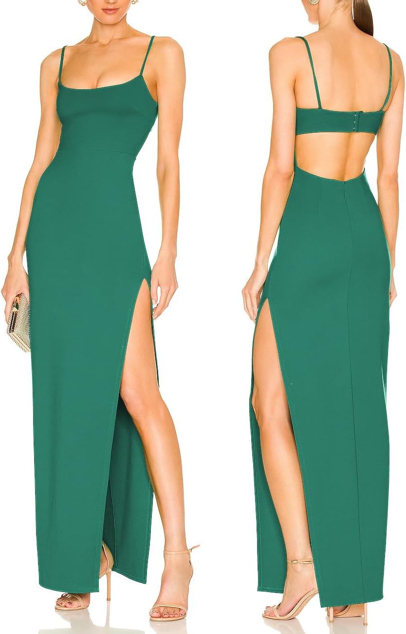 Women's Sexy Backless Spaghetti Straps Square Neck Maxi Dress Thigh High Slit Bodycon Cocktail Party Dress 211