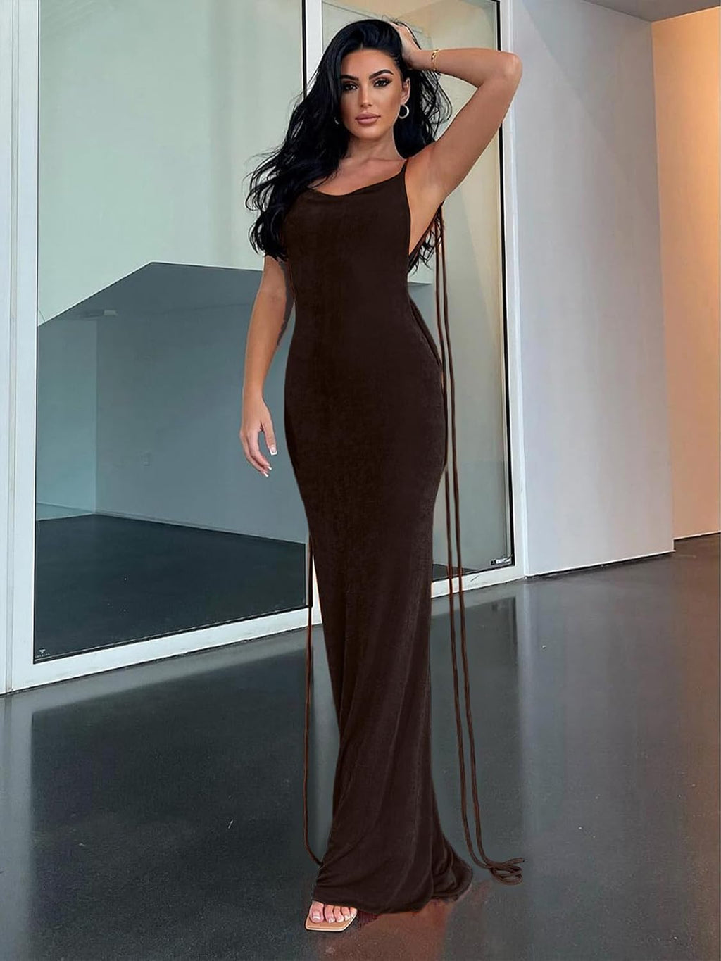 Slip Bodycon Dresses for Women Spaghetti Strap Lace Up Backless Cowl Neck Maxi Mermaid Cocktail Party Dress