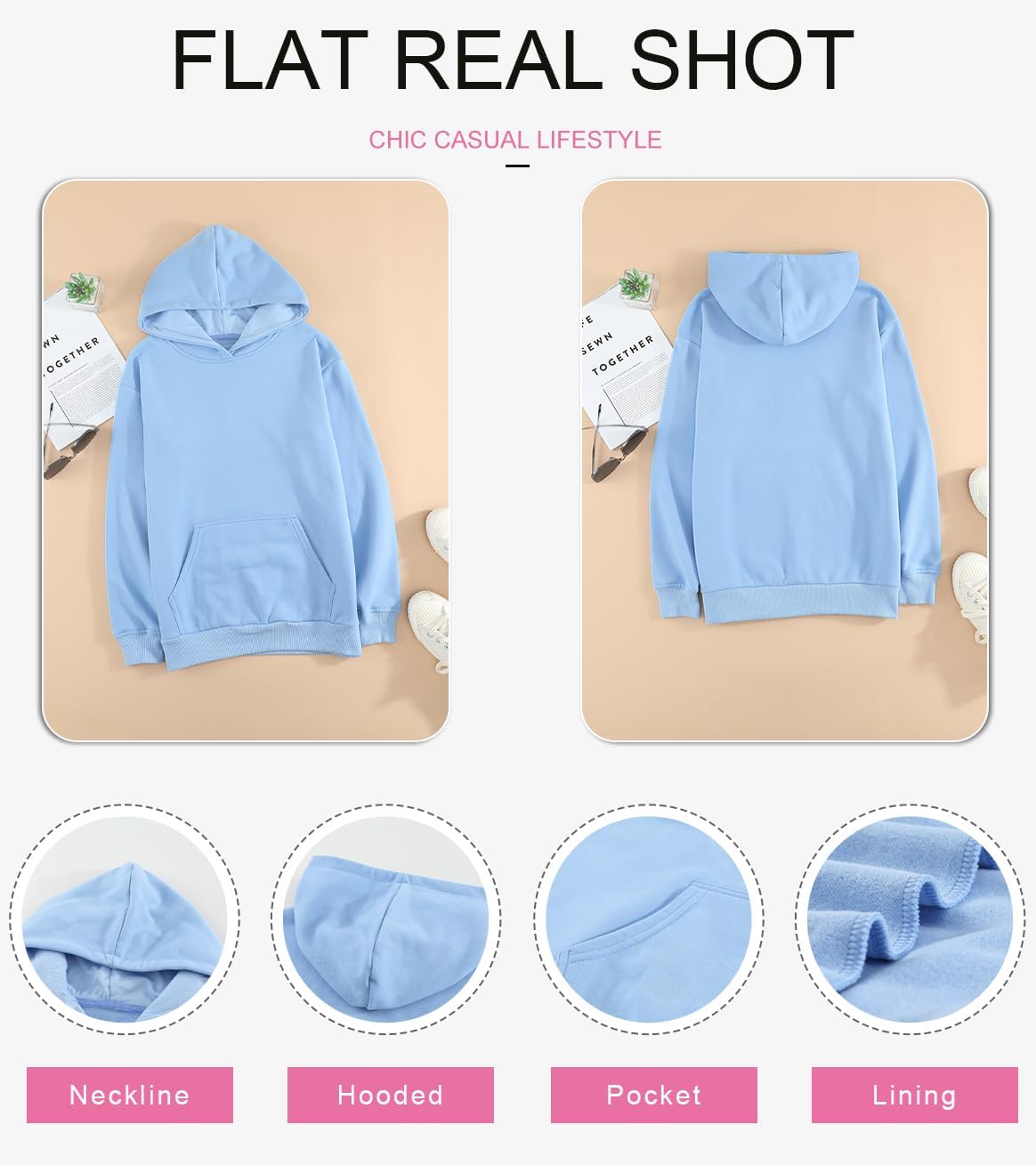 Women's Casual Hoodies Long Sleeve Solid Lightweight Pullover Tops Loose Sweatshirt with Pocket