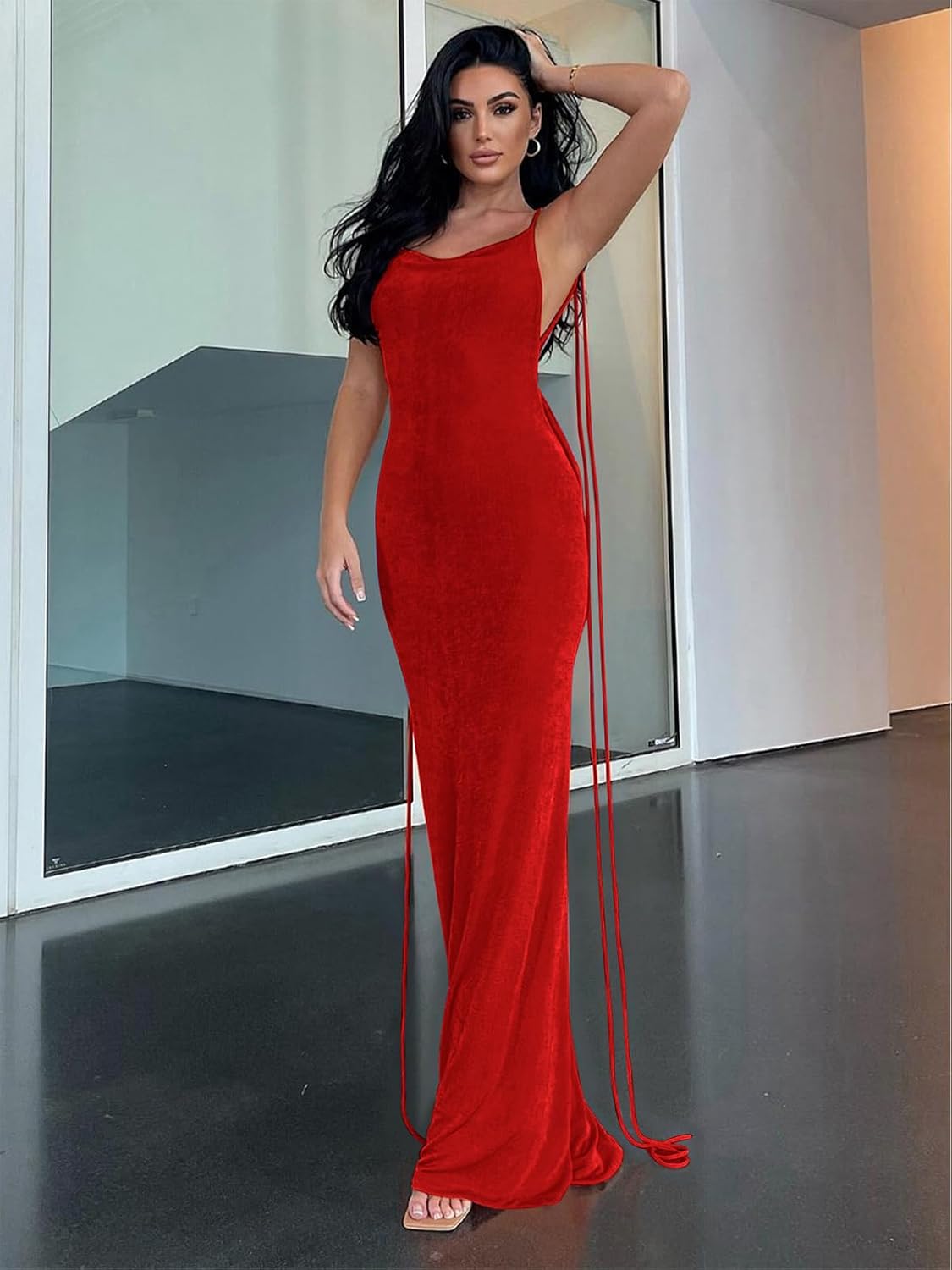 Slip Bodycon Dresses for Women Spaghetti Strap Lace Up Backless Cowl Neck Maxi Mermaid Cocktail Party Dress