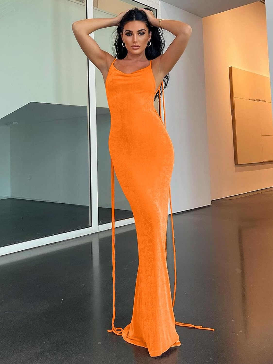 Slip Bodycon Dresses for Women Spaghetti Strap Lace Up Backless Cowl Neck Maxi Mermaid Cocktail Party Dress