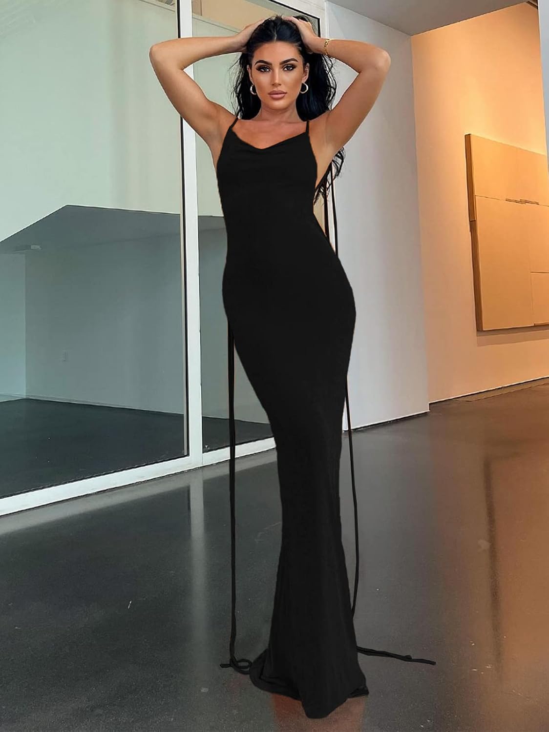 Slip Bodycon Dresses for Women Spaghetti Strap Lace Up Backless Cowl Neck Maxi Mermaid Cocktail Party Dress