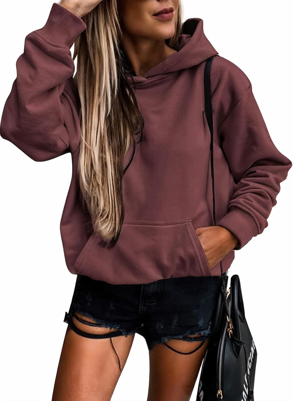 Women's Casual Hoodies Long Sleeve Solid Lightweight Pullover Tops Loose Sweatshirt with Pocket