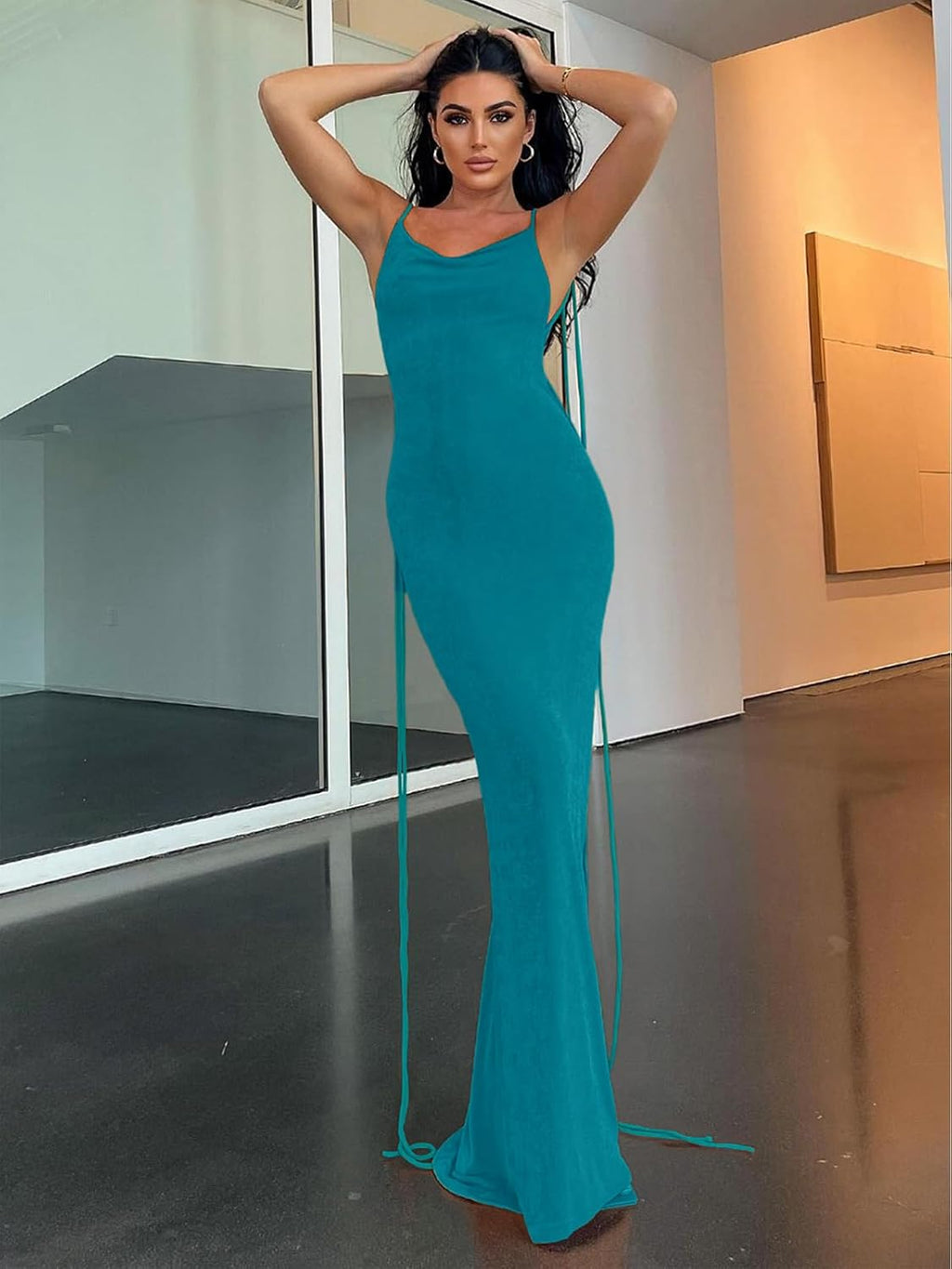 Slip Bodycon Dresses for Women Spaghetti Strap Lace Up Backless Cowl Neck Maxi Mermaid Cocktail Party Dress