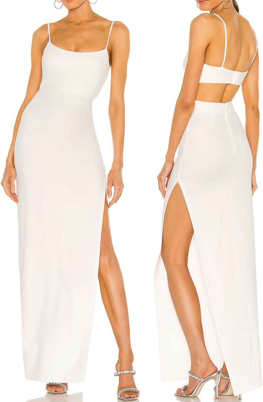 Women's Sexy Backless Spaghetti Straps Square Neck Maxi Dress Thigh High Slit Bodycon Cocktail Party Dress 211