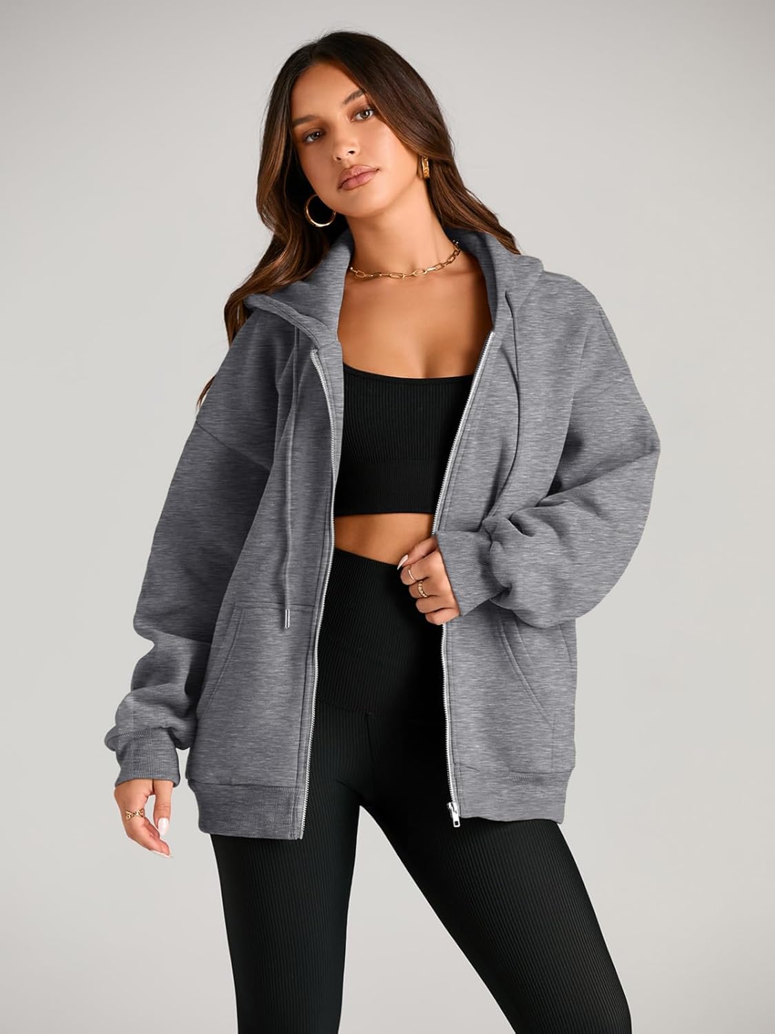 Women's Drawstring Zip Up Cute Hoodies Fall Jacket Oversized Casual Sweatshirts with Pocket