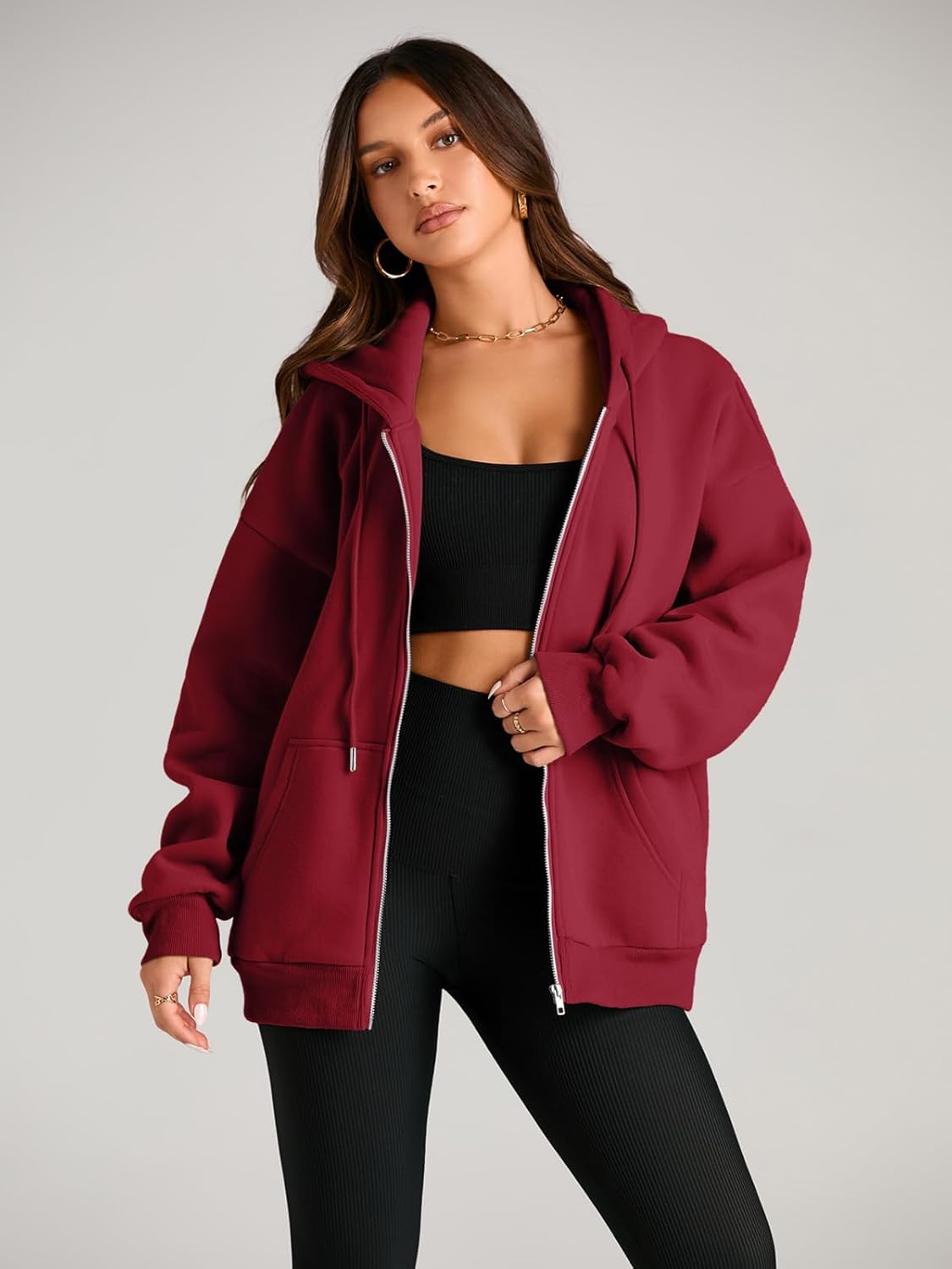 Women's Drawstring Zip Up Cute Hoodies Fall Jacket Oversized Casual Sweatshirts with Pocket