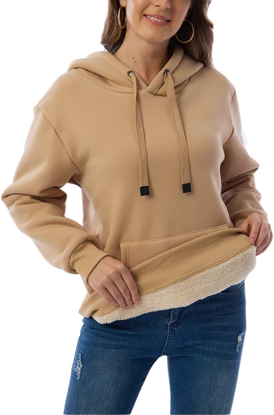 Womens Casual Winter Warm Fleece Sherpa Lined Pullover Hooded Sweatshirt
