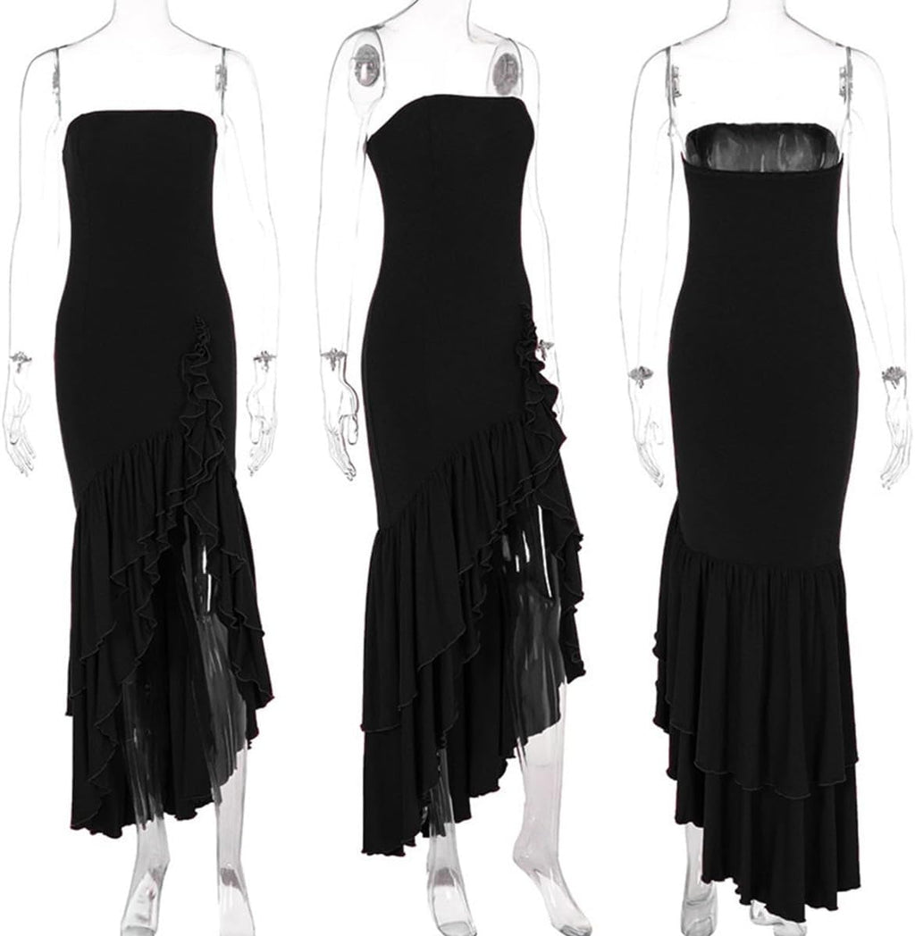 Women's Sexy Strapless Backless High Split Long Maxi Dress Ruched Off Shoulder Sleeveless Bodycon Party Cocktail Dresses