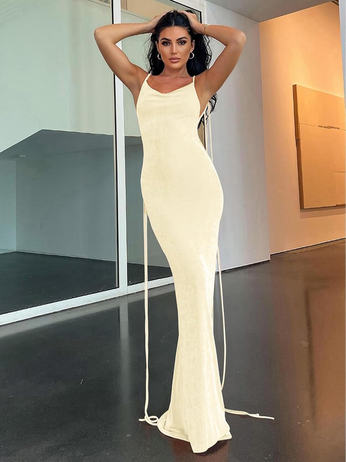 Slip Bodycon Dresses for Women Spaghetti Strap Lace Up Backless Cowl Neck Maxi Mermaid Cocktail Party Dress