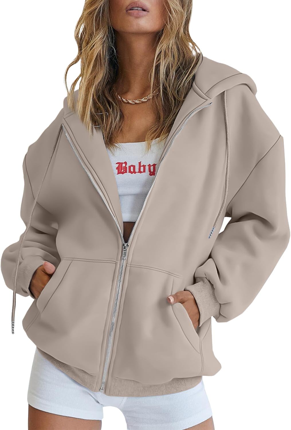 Women's Drawstring Zip Up Cute Hoodies Fall Jacket Oversized Casual Sweatshirts with Pocket