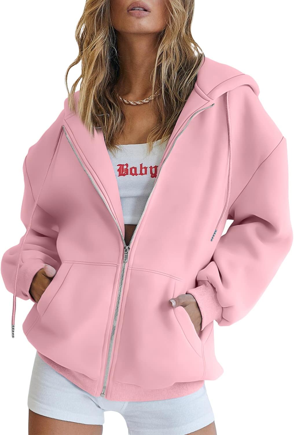 Women's Drawstring Zip Up Cute Hoodies Fall Jacket Oversized Casual Sweatshirts with Pocket