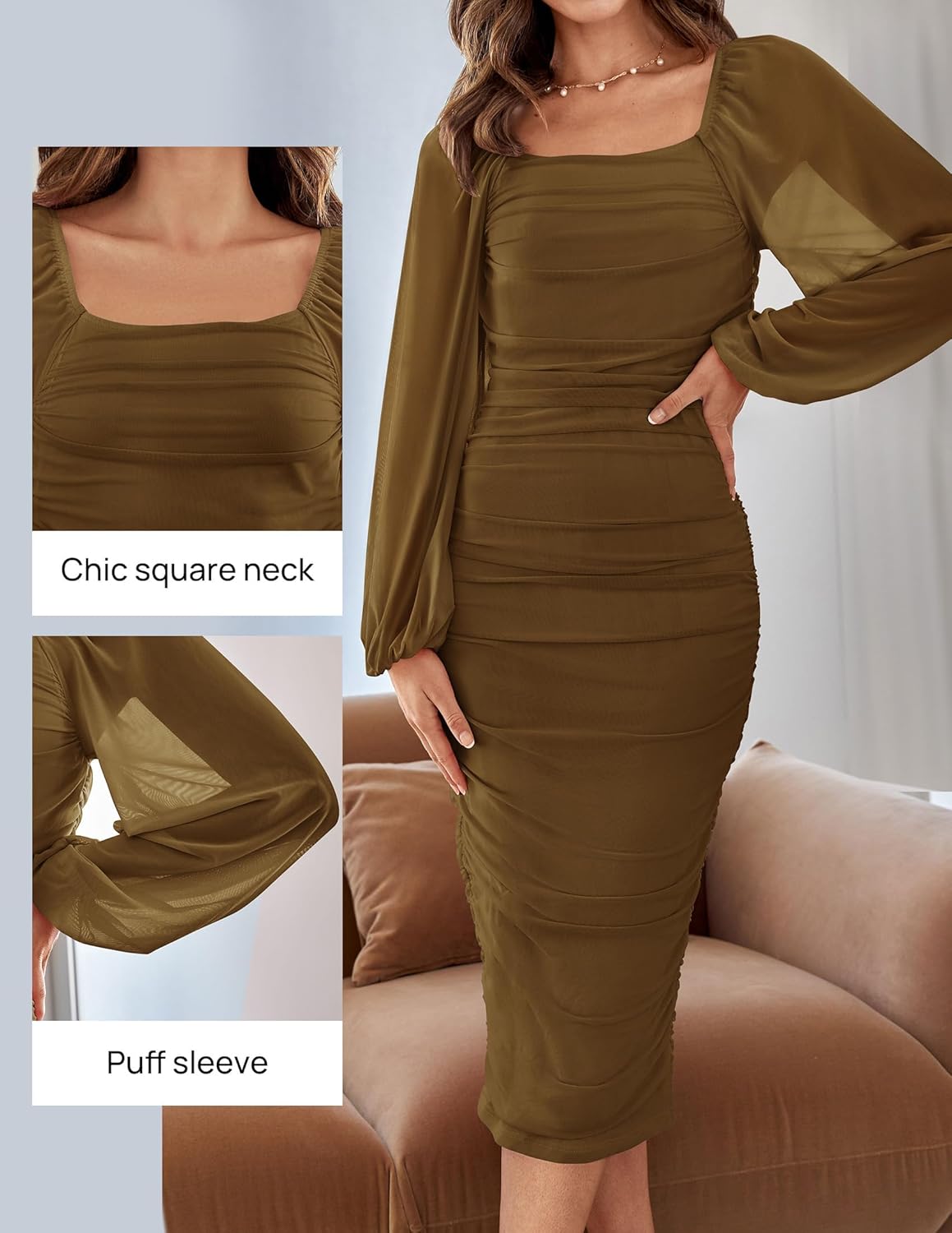 Women's Sexy Ruched Bodycon Midi Dress Long Puff Sleeve Square Neck Backless Cocktail Party Wedding Dresses