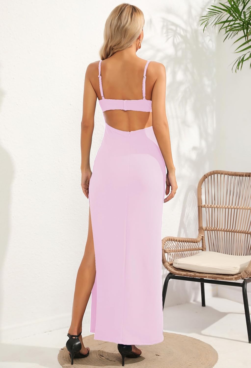 Women's Sexy Backless Spaghetti Straps Square Neck Maxi Dress Thigh High Slit Bodycon Cocktail Party Dress 211