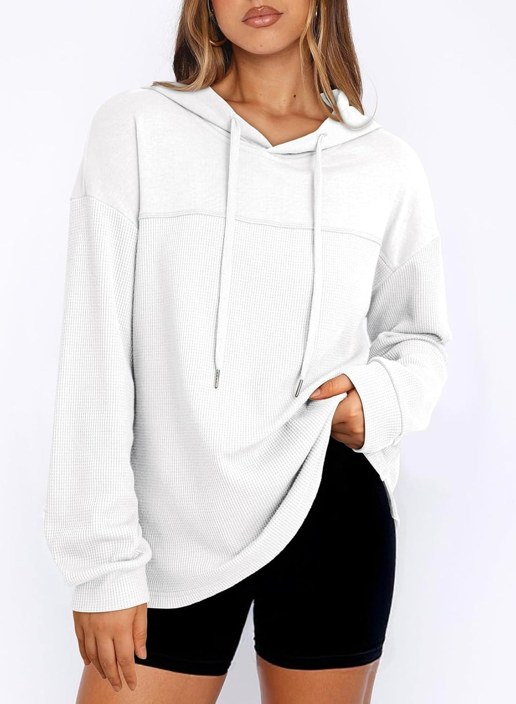 Womens Hoodies Casual Waffle Knit Long Sleeve Drawstring Pullover Sweatshirts Lightweight Hooded Tops