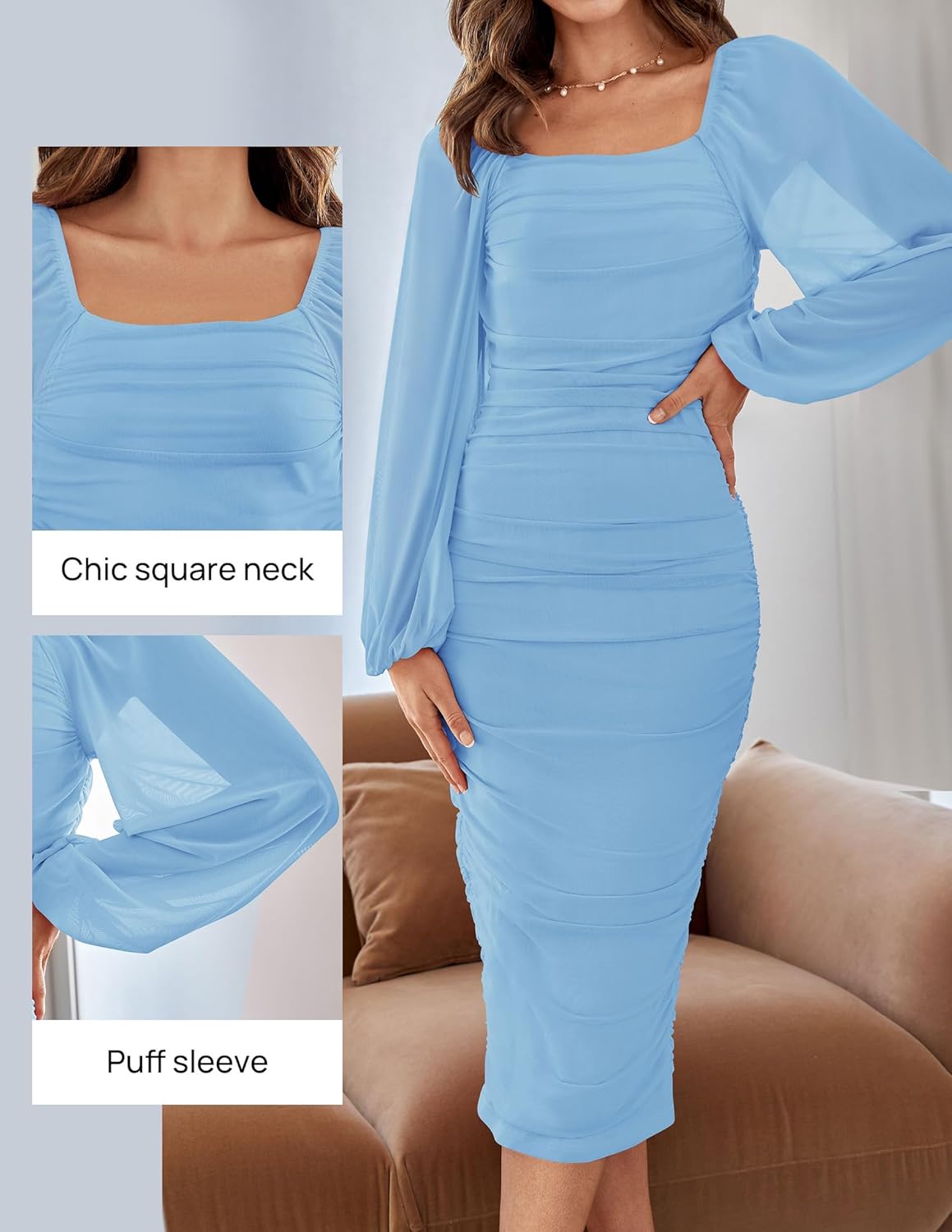 Women's Sexy Ruched Bodycon Midi Dress Long Puff Sleeve Square Neck Backless Cocktail Party Wedding Dresses