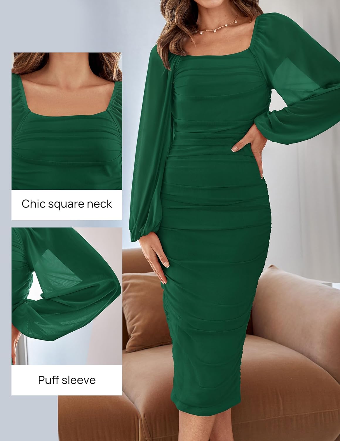Women's Sexy Ruched Bodycon Midi Dress Long Puff Sleeve Square Neck Backless Cocktail Party Wedding Dresses