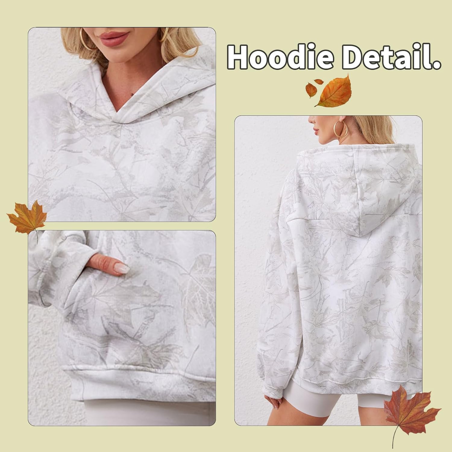 Womens Camo Hoodies Maple Leaf Print Oversized Hooded Sweatshirt Fleece Pullover Sweatshirts Long Sleeve with Pocket