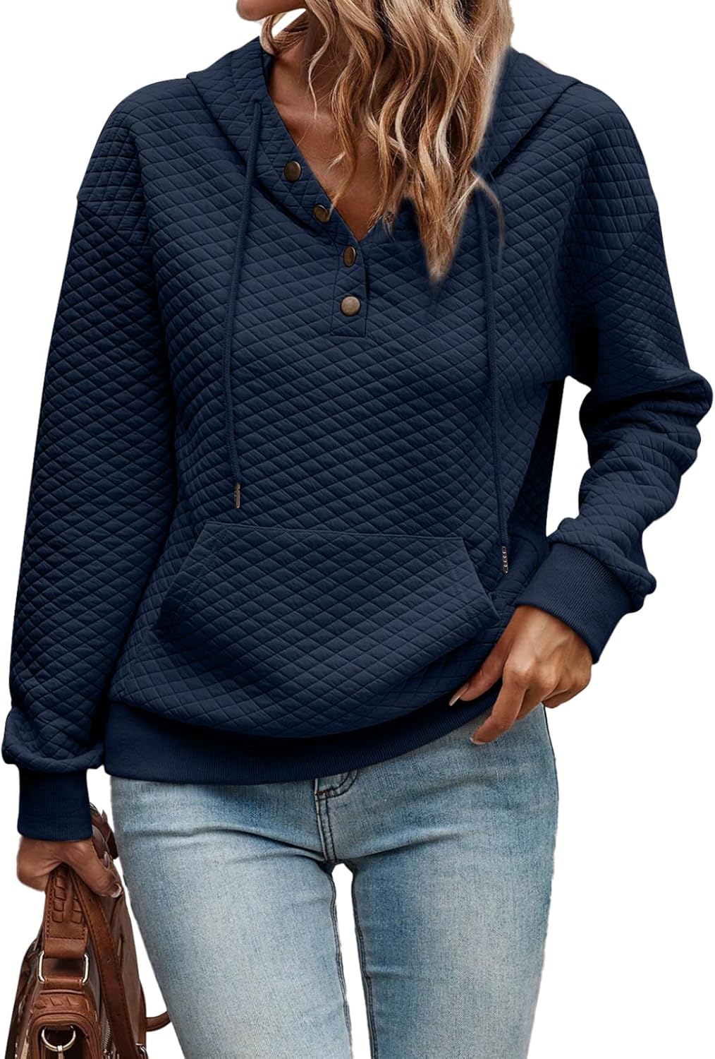 Women's Hoodies Casual Long Sleeve Quilted Half Button Drop Shoulder Pullover Tops Loose Drawstring Hooded Sweatshirt