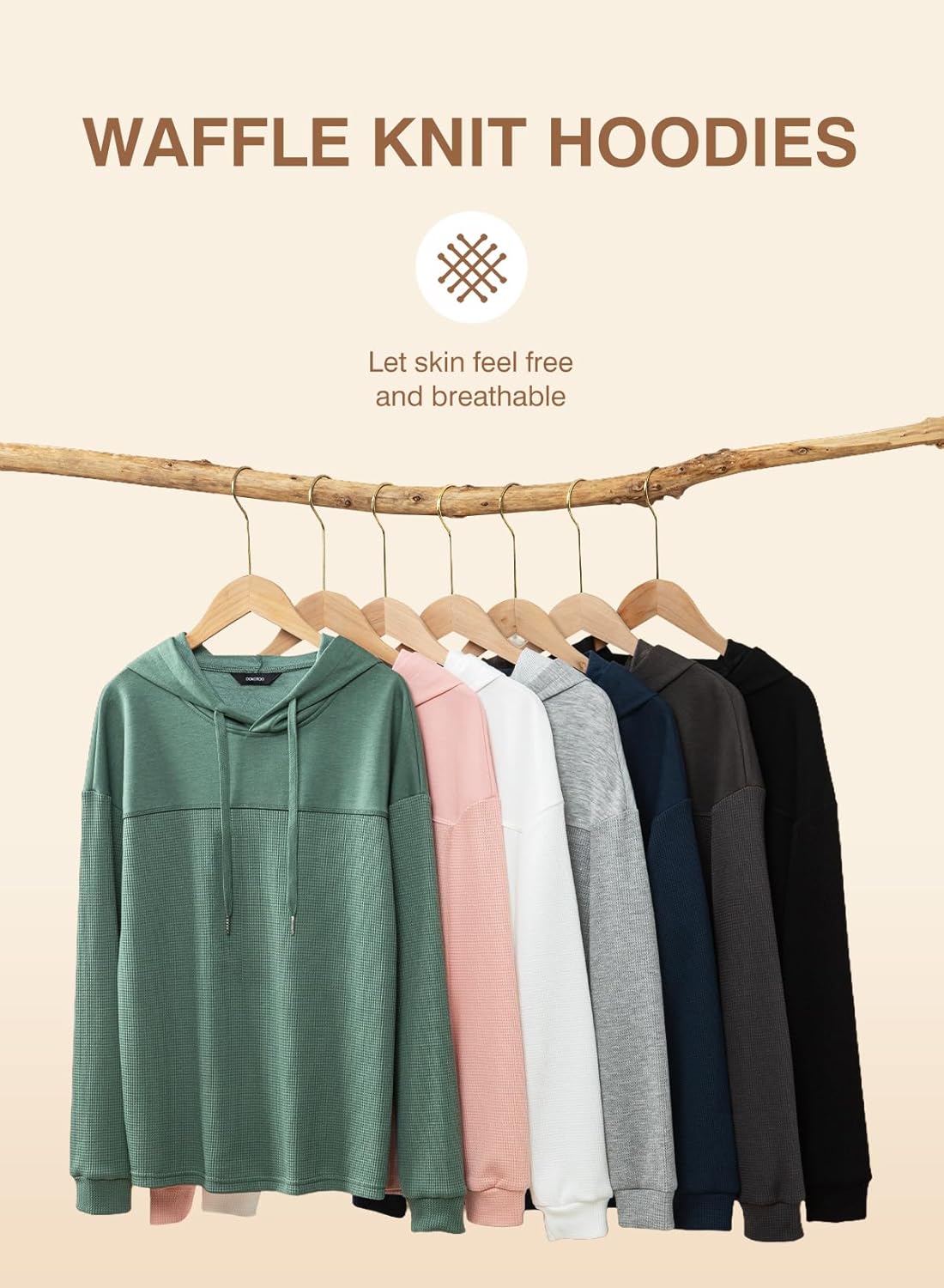 Womens Hoodies Casual Waffle Knit Long Sleeve Drawstring Pullover Sweatshirts Lightweight Hooded Tops