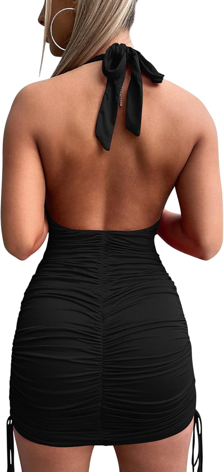 Women's Sexy Halter Bodycon V Neck Backless Ruched Drawstring Mini Club Party Dresses