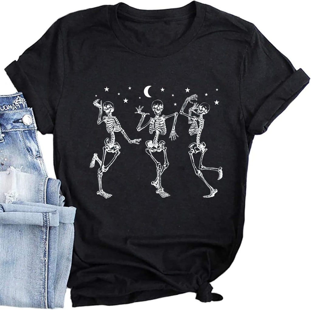 Dancing Skeleton Shirt for Women Happy Halloween T-Shirt Funny Skeleton Graphic Tees Tops Blouse Gift