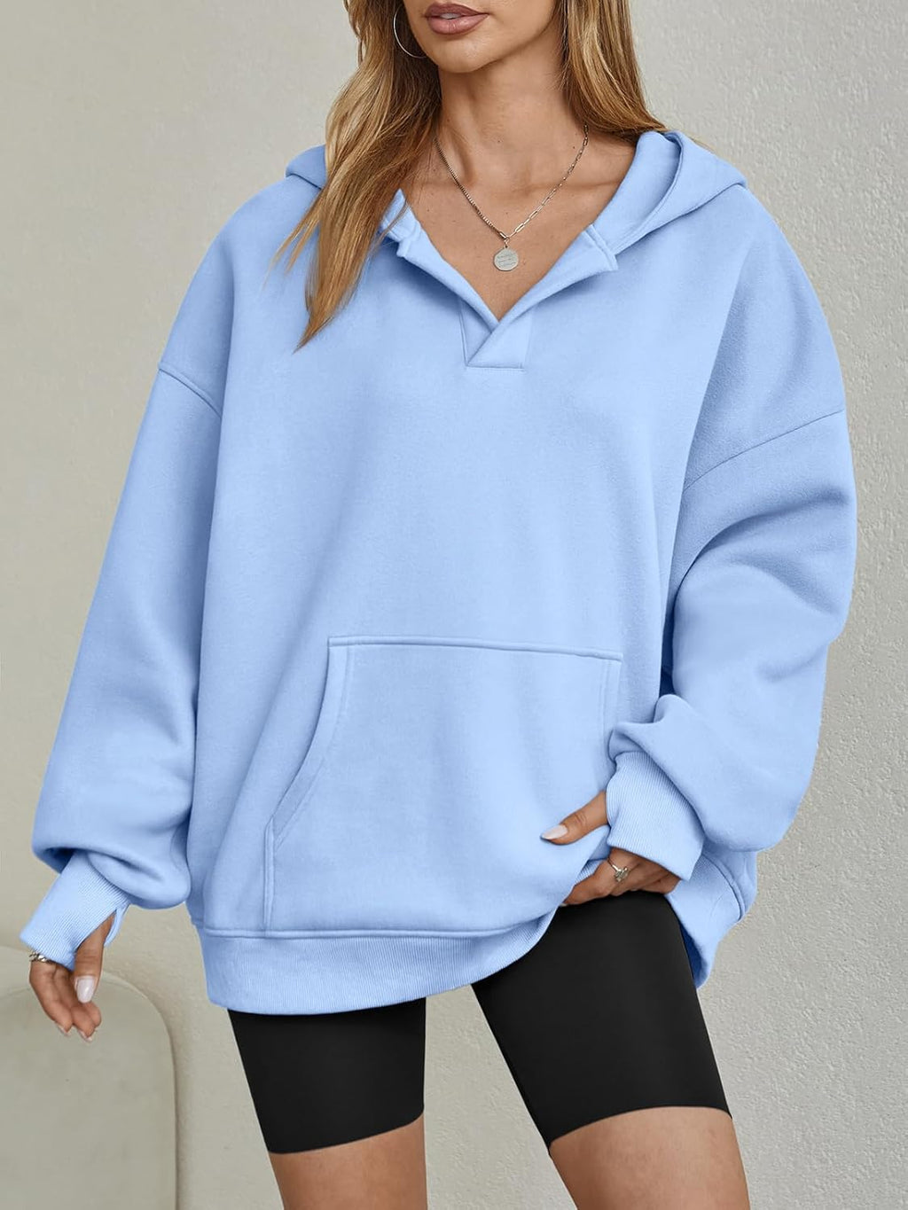 Womens Oversized V Neck Hoodies with Thumb Hole Pullover Sweatshirts Y2k Clothes Fall Fashion Outfits 2025