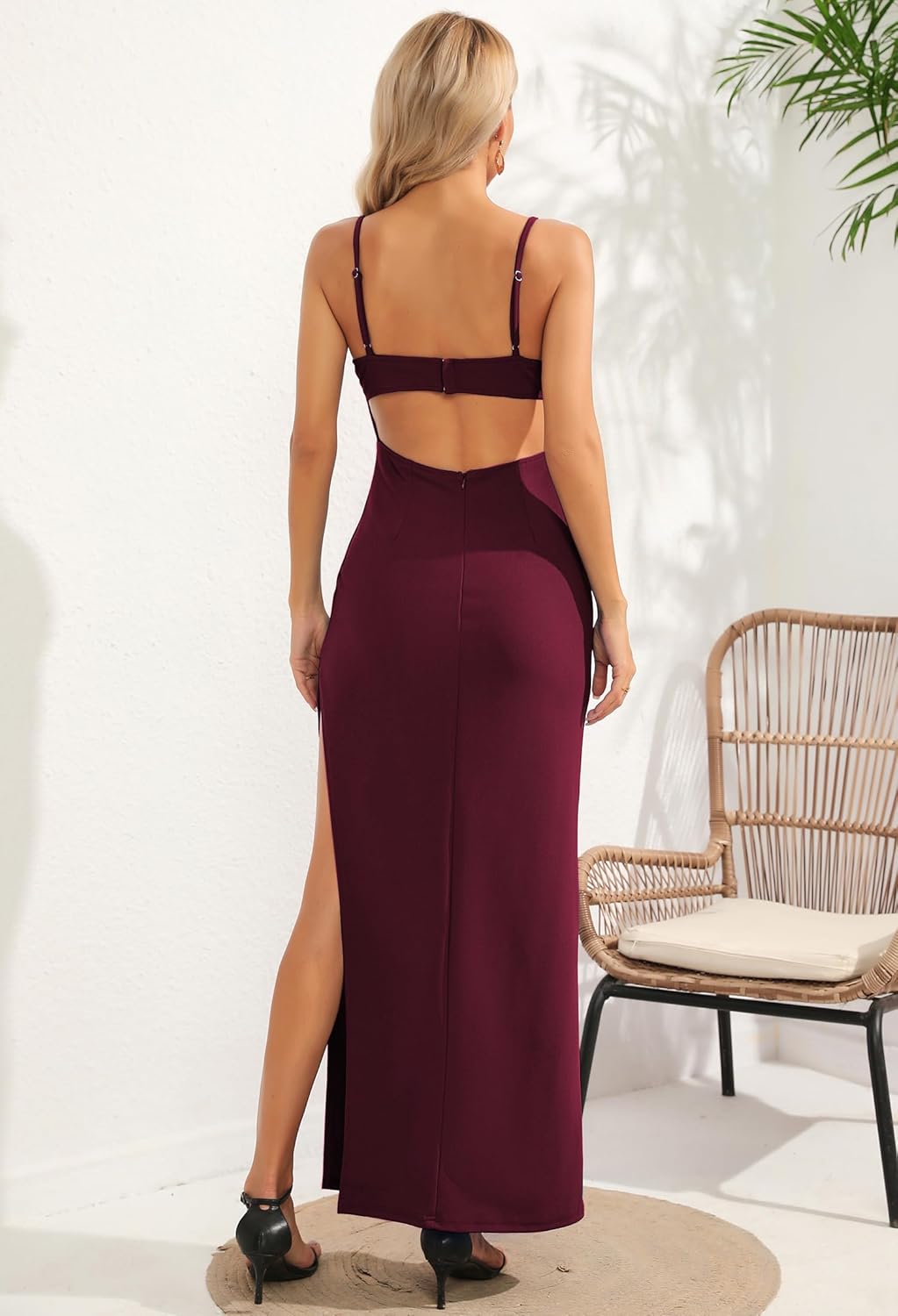 Women's Sexy Backless Spaghetti Straps Square Neck Maxi Dress Thigh High Slit Bodycon Cocktail Party Dress 211
