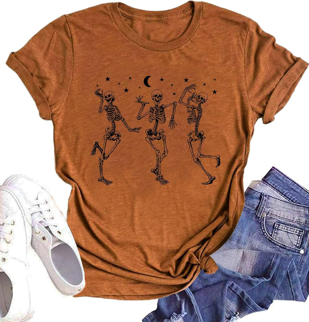 Dancing Skeleton Shirt for Women Happy Halloween T-Shirt Funny Skeleton Graphic Tees Tops Blouse Gift