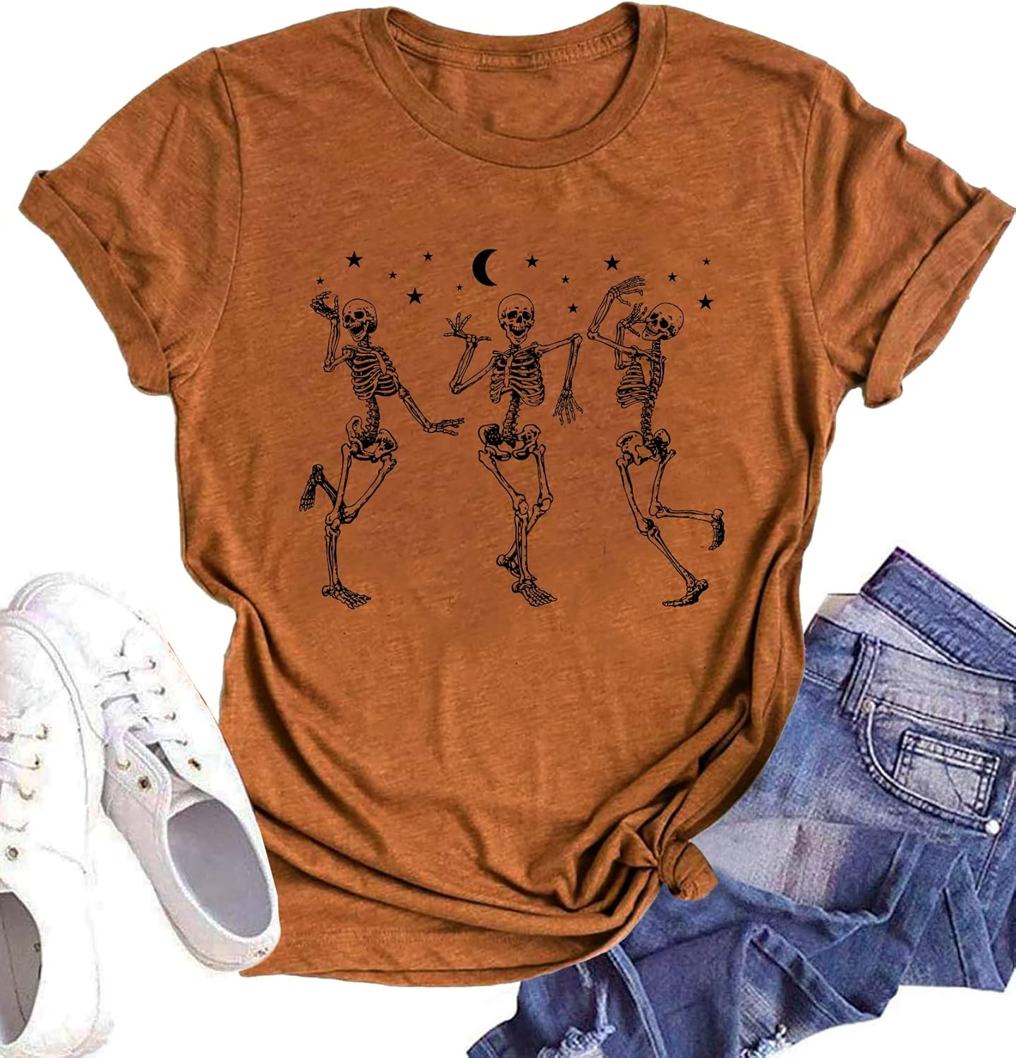 Dancing Skeleton Shirt for Women Happy Halloween T-Shirt Funny Skeleton Graphic Tees Tops Blouse Gift