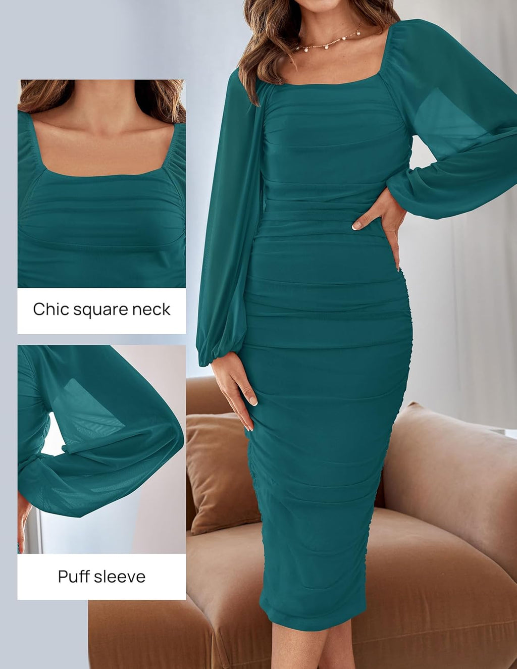 Women's Sexy Ruched Bodycon Midi Dress Long Puff Sleeve Square Neck Backless Cocktail Party Wedding Dresses
