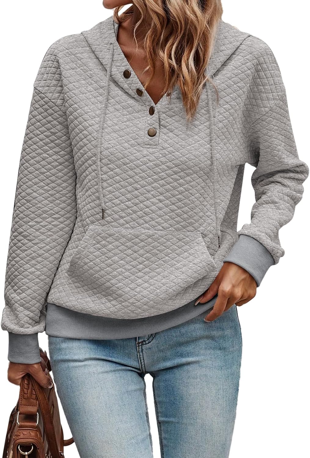 Women's Hoodies Casual Long Sleeve Quilted Half Button Drop Shoulder Pullover Tops Loose Drawstring Hooded Sweatshirt